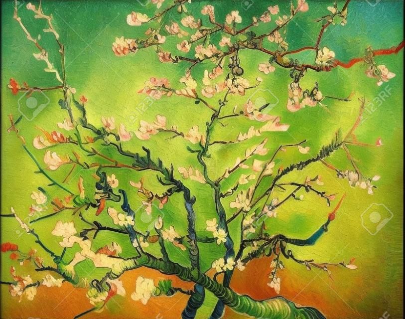 Mandorlo in fiore. Bellissimo dipinto ad olio su tela. Basato sul grande dipinto di Van Gogh, 1890. Pennellate e texture su tela.
