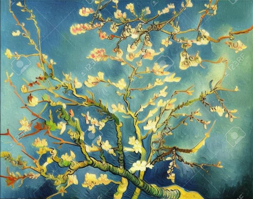 Mandorlo in fiore. Bellissimo dipinto ad olio su tela. Basato sul grande dipinto di Van Gogh, 1890. Pennellate e texture su tela.