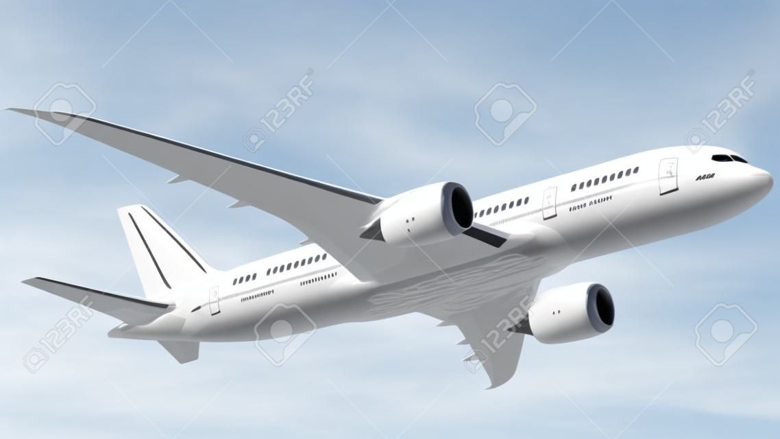 A realistic rendering of a white airplane isolated on white background.  This is modelled based on the design of Boeing 787.  The airplane has slight reflections of clouds giving it a realistic effect.