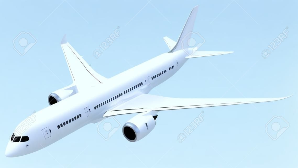 A reális renderelés egy fehér repülőgép elszigetelt fehér háttérrel. Ez mintájára tervei alapján a Boeing 787. A repülőgép az enyhe gondolatok a felhők így ez egy reális hatása.