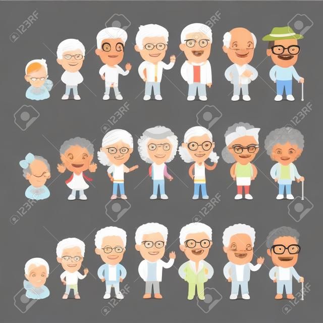 Three characters generations at different ages. Man and woman aging set. Baby, child, teenager, young, adult, old. Isolated on white background.