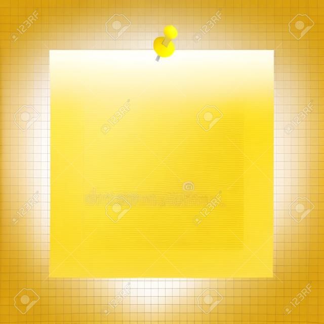 Yellow sheet of note paper with push pin on a transparent background. Vector illustration.