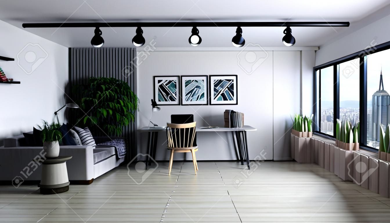 Stylish urban home office with blurred cityscape in windows, photorealistic 3D Illustration of the interior, suitable for using in video conference and as a  background.