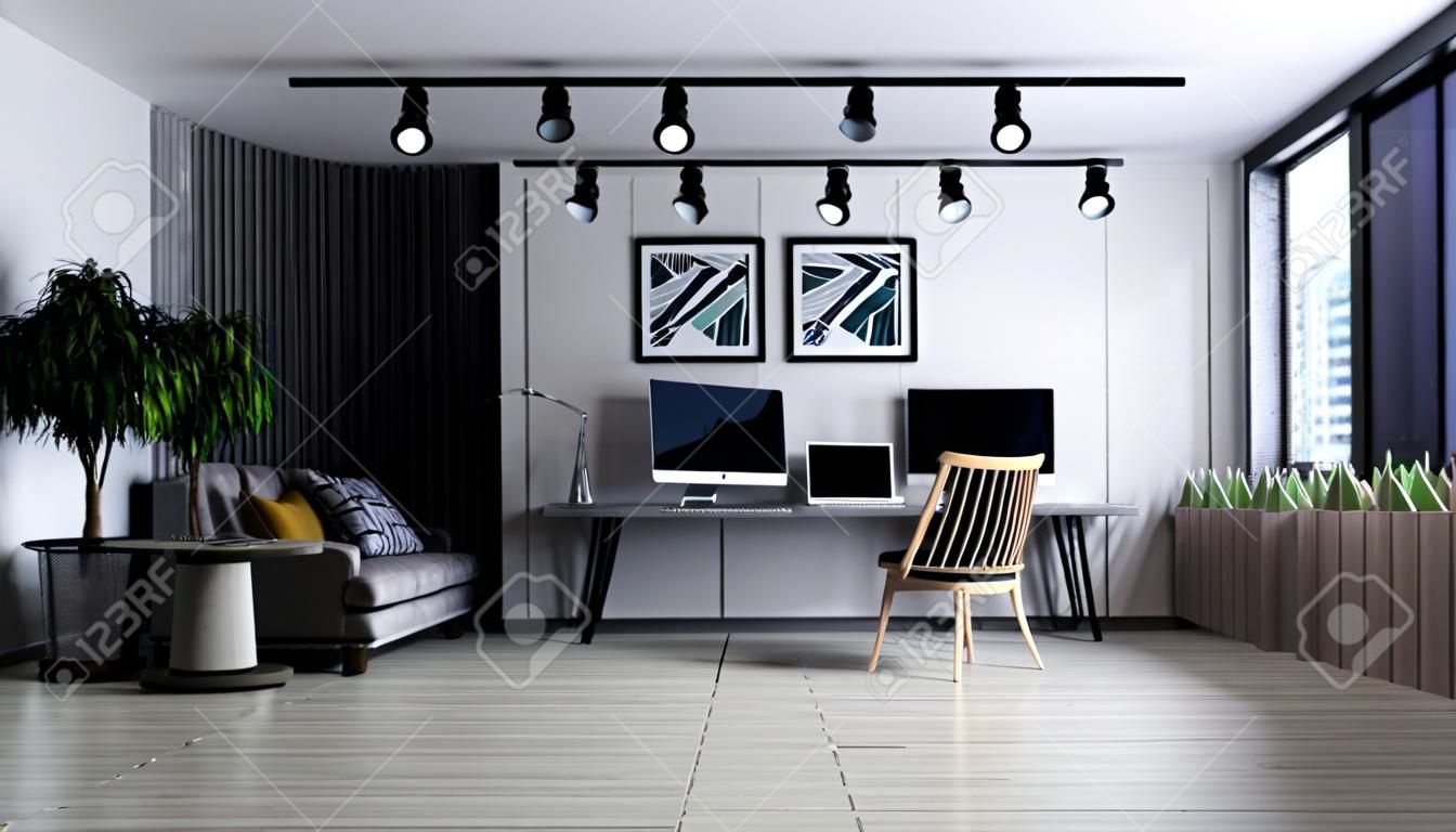 Stylish urban home office with blurred cityscape in windows, photorealistic 3D Illustration of the interior, suitable for using in video conference and as a  background.