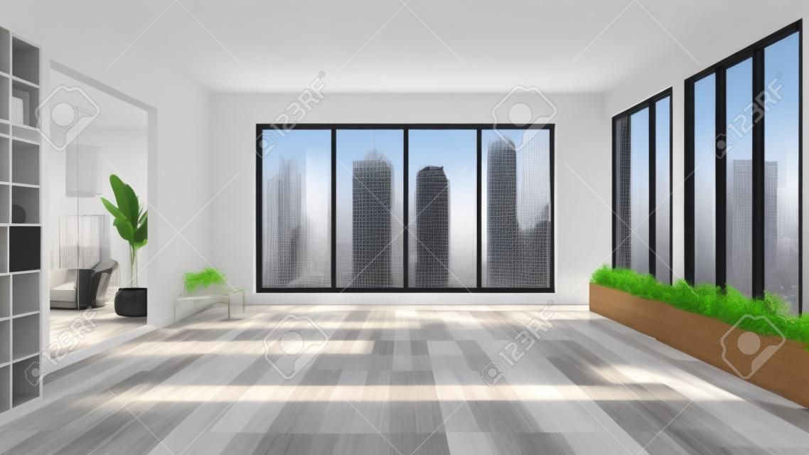 Luxuriöser leerer städtischer Büroraum, fotorealistische 3D-Illustration, geeignet für Videokonferenzen und als virtueller Zoom-Hintergrund.