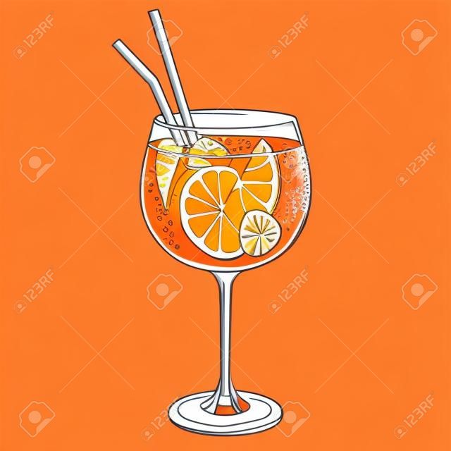 Koktajl Aperol spritz, ręcznie rysowany napój alkoholowy z plasterkiem pomarańczy i lodem. ilustracja wektorowa