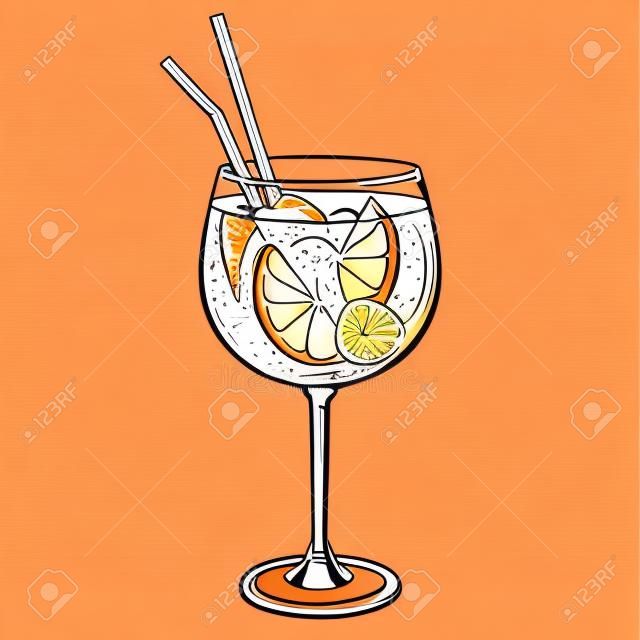 Koktajl Aperol spritz, ręcznie rysowany napój alkoholowy z plasterkiem pomarańczy i lodem. ilustracja wektorowa