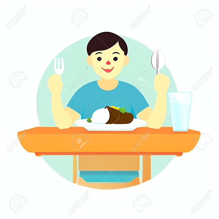Privates Kleid des jungen Mannesabnutzung bereiten vor sich, Frühstück, Curry, Mittagessen, Abendessen mit Glas Wasser auf Tabelle zu essen Flache Zeichenkarikaturdesign-Vektorillustration