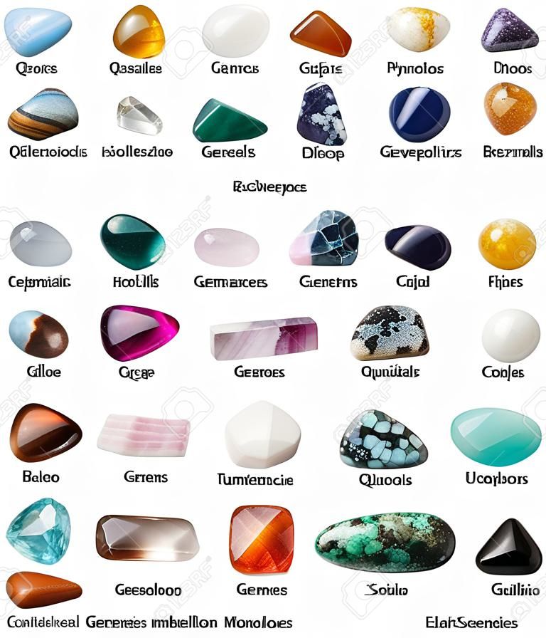 Diversas Piedras Preciosas Pulidas Con Nombres Aisladas Imagen de
