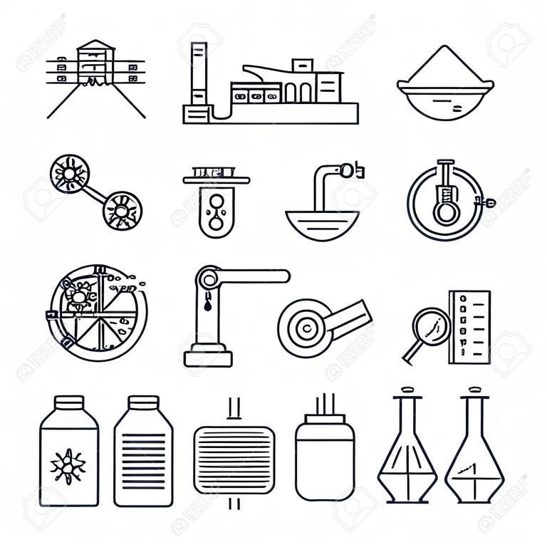 set van dunne lijn iconen industriële productie, productieproces, technologie, apparatuur