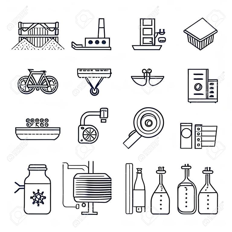 set di icone di linea sottile produzione industriale, processo di fabbricazione, tecnologia, attrezzature