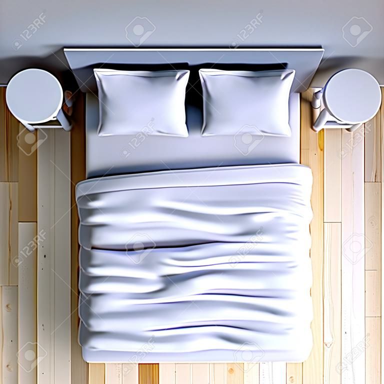 床上用枕頭和角落的房間毯子，三維圖。頂視圖。