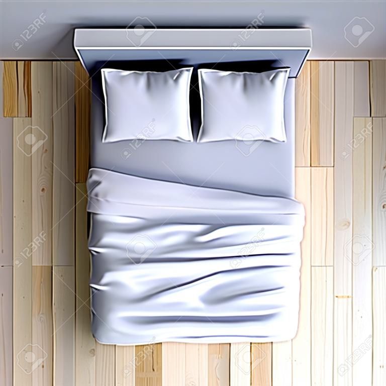 床上用枕頭和角落的房間毯子，三維圖。頂視圖。