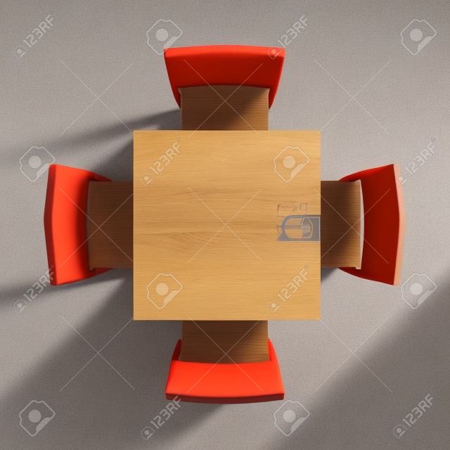 Quadratischen Tisch mit vier Stühlen. Draufsicht. 3D-Darstellung.