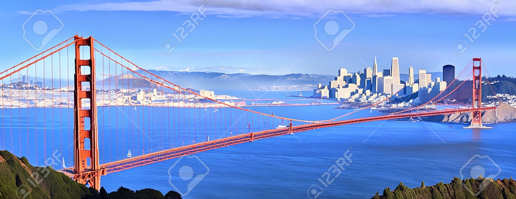 Panoramic view of famous Golden Gate Bridge and downtown San Francisco 
