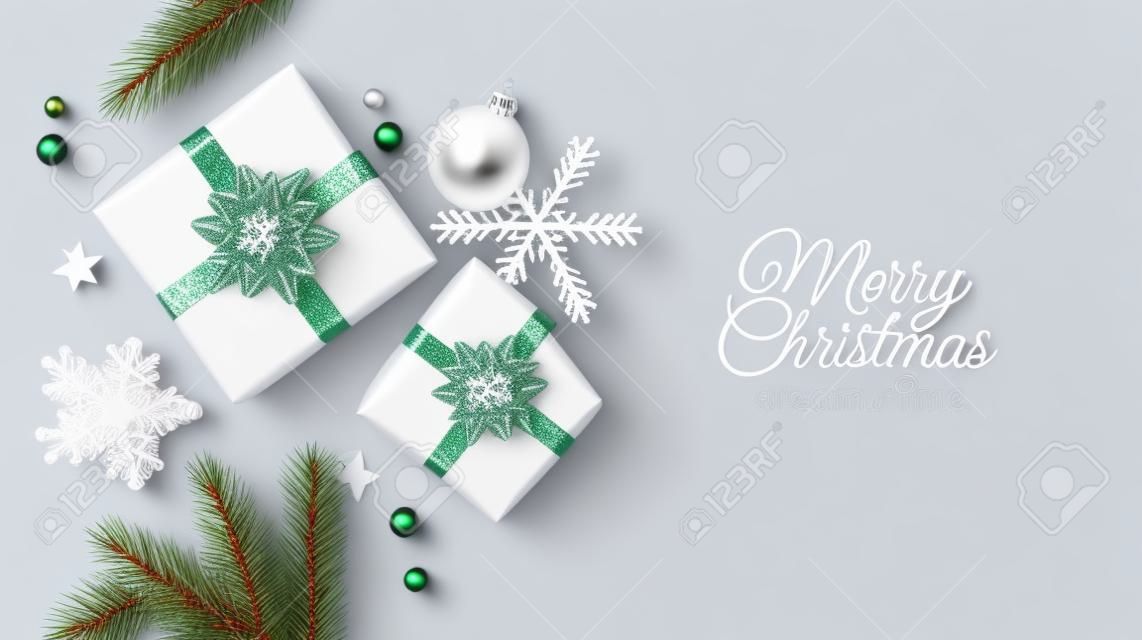 소나무 가지 선물 리본 장식 눈송이 크리스마스 공 평면도 배너 웹 사이트 인사말 카드에 대한 벡터 휴가 그림 현실적인 크리스마스 배경