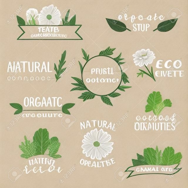 Set van logo templates met hand getekende planten en bloemen. Natuurlijke cosmetica, kruiden, bio, eco.