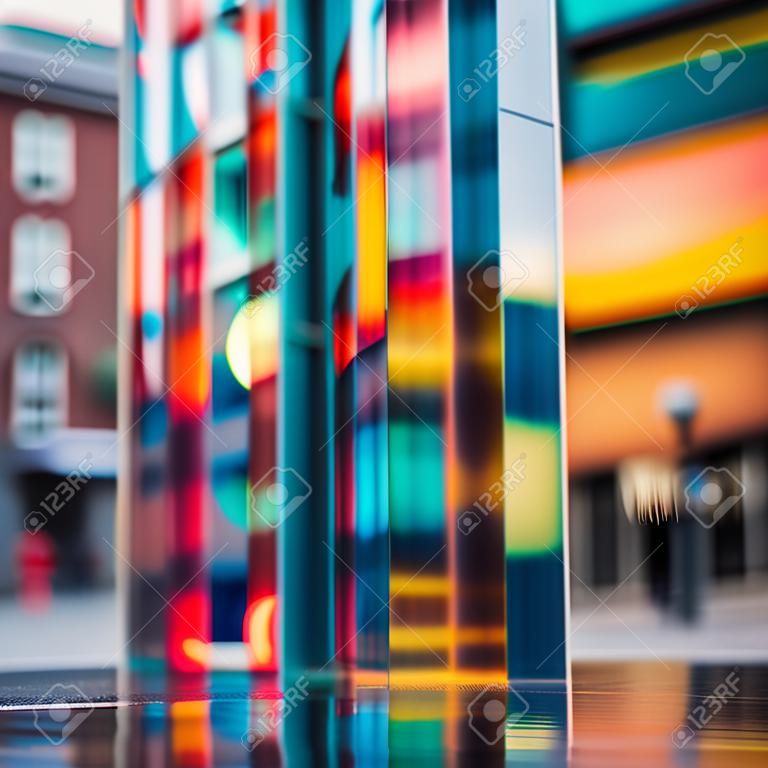 Reflection of buildings in the glass. Blurred background, bokeh.
