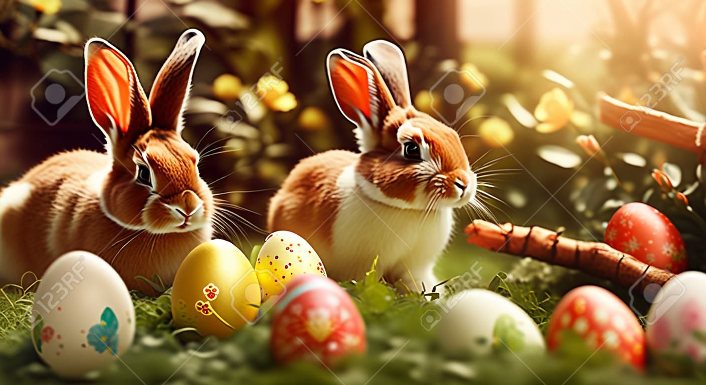 Huevos de Pascua y lindo conejito. decoración divertida. Felices Pascuas. ai generativa