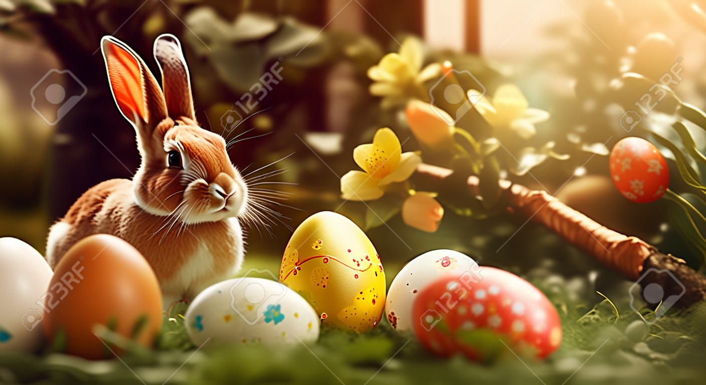 Huevos de Pascua y lindo conejito. decoración divertida. Felices Pascuas. ai generativa