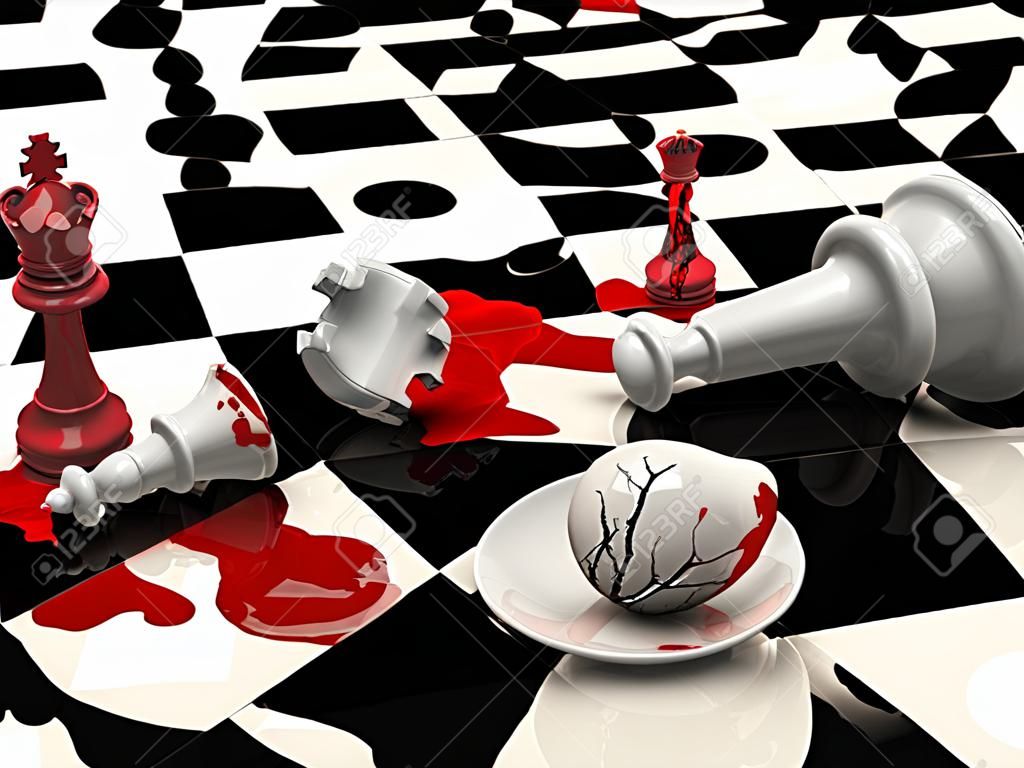 白い女王のピースと血の遊びチェスボード。チェスの戦いの断片