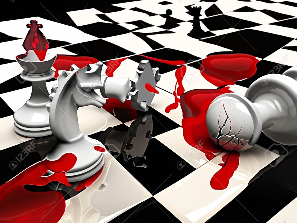 白い女王のピースと血の遊びチェスボード。チェスの戦いの断片