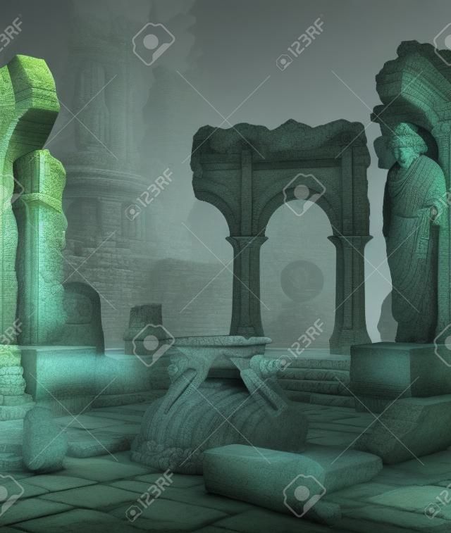 3D rendered fantasy ancient temple ruins with statues