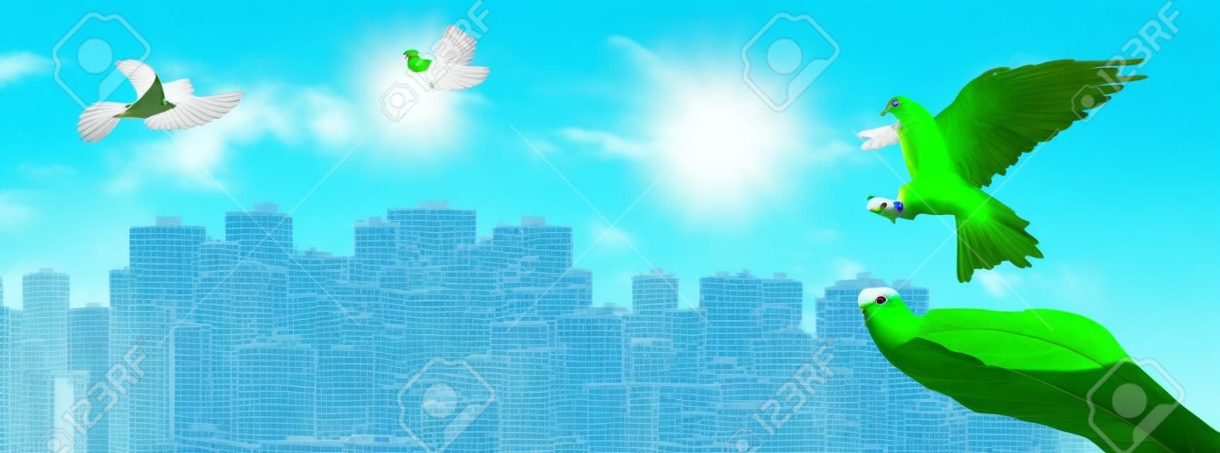 World Cities Day concept: green Dove carrying leaf branch on City and blue nature background