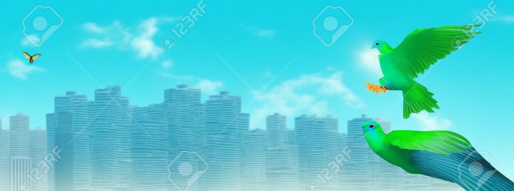 World Cities Day concept: green Dove carrying leaf branch on City and blue nature background