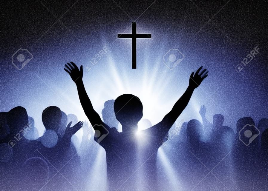 Équipe de culte de silhouette levant la main pour remercier Dieu sur fond de croix blanche