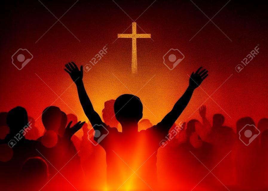 Équipe de culte de silhouette levant la main pour remercier Dieu sur fond de croix blanche