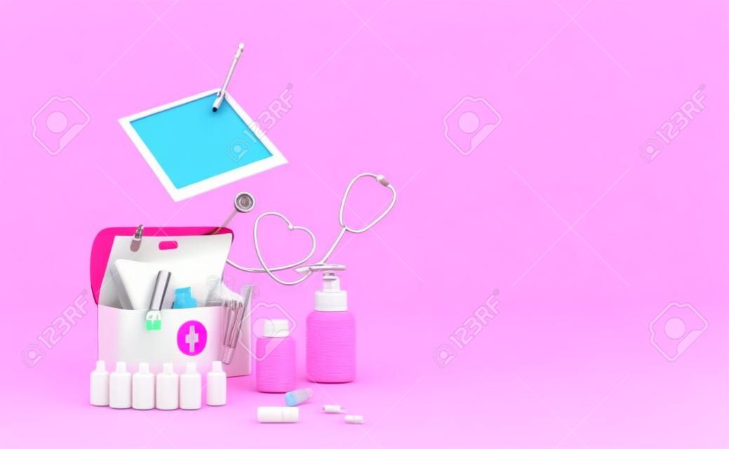 First aid kit with stethoscope and syringe on pink background ,Concept 3d illustration or 3d render