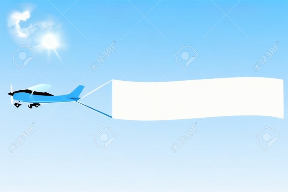 Plano branco com um banner no céu, modelo de vetor