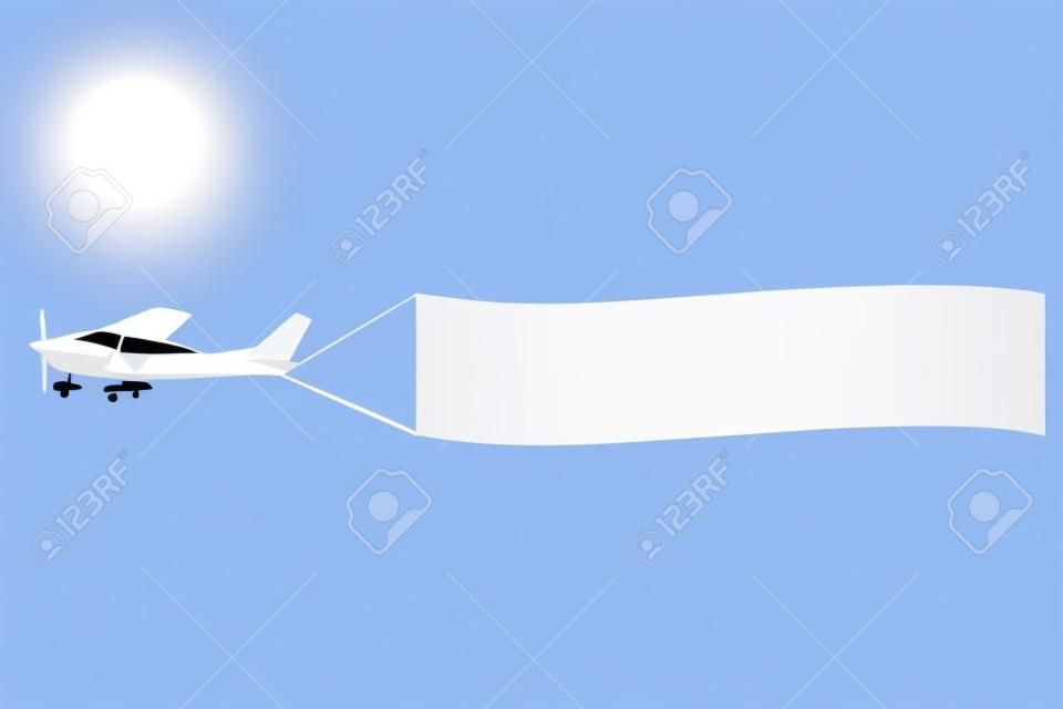 Plano branco com um banner no céu, modelo de vetor