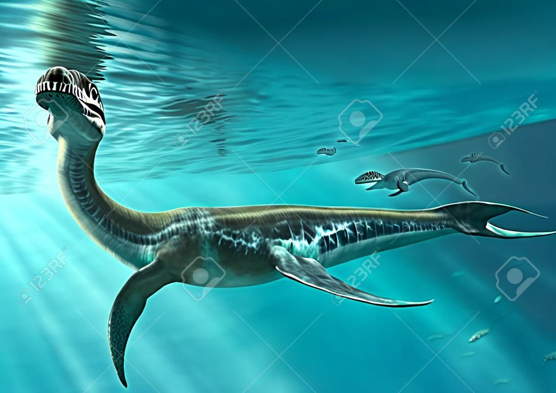 Ilustración 3D de la escena del plesiosaurio