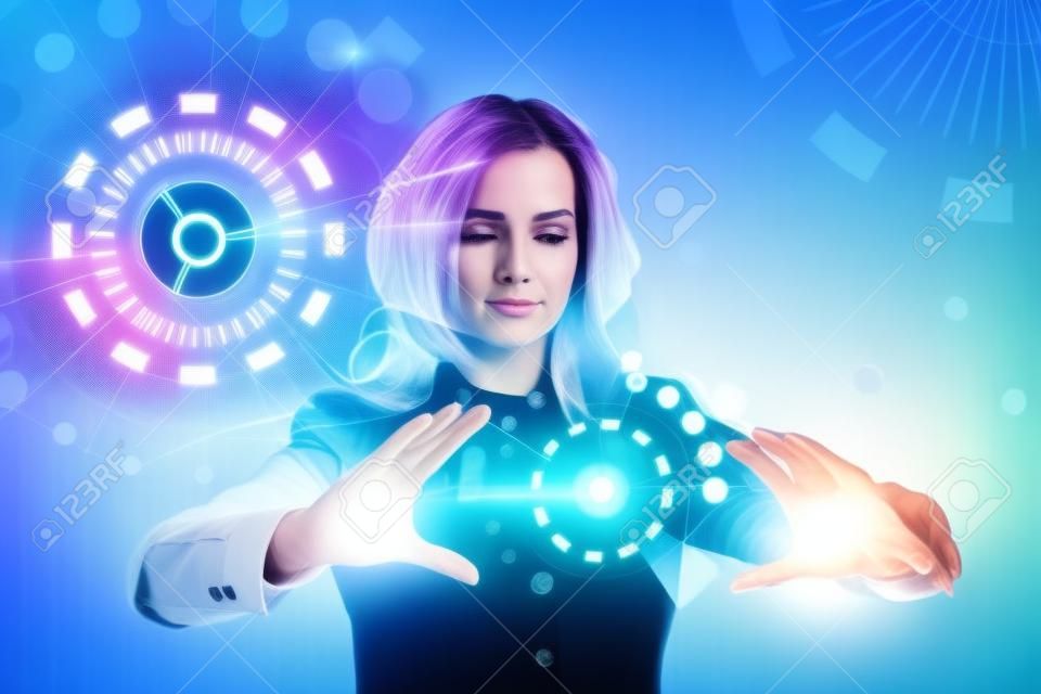 将来の技術。ワンタッチ ボタンのインターフェイス。未来的なインターフェースと働く女性