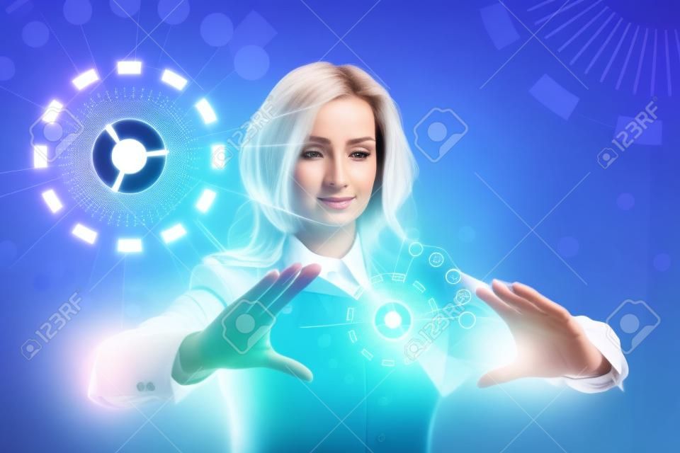 将来の技術。ワンタッチ ボタンのインターフェイス。未来的なインターフェースと働く女性