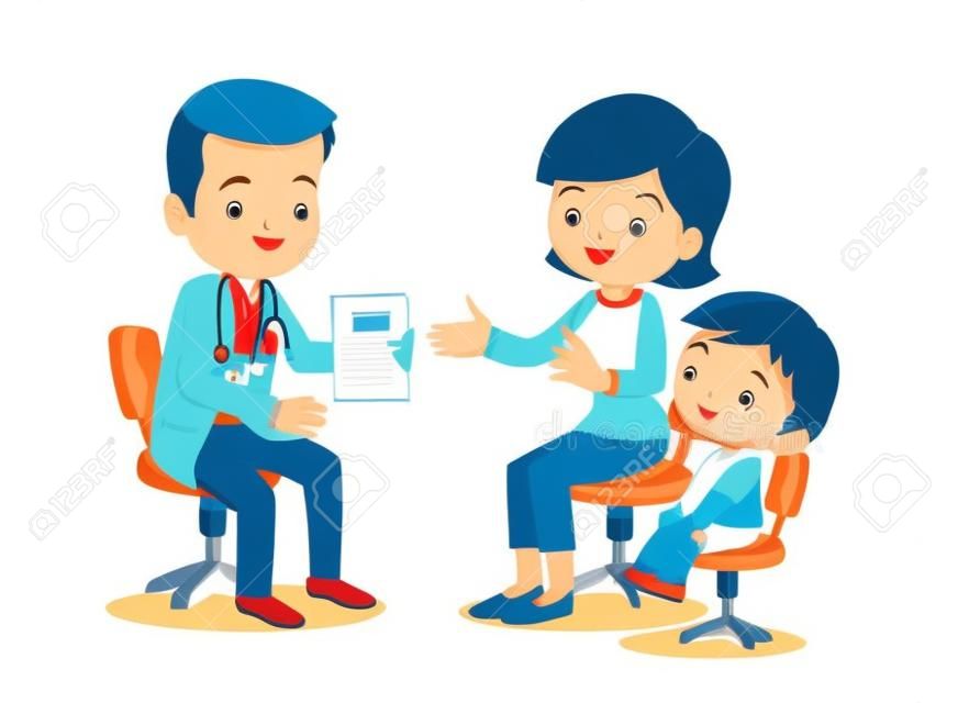 Vector illustration of a mom and son in doctor's office.Mother and a little son visiting the doctor. The pediatrician exams baby's mouth. Vector art isolated on white. Cartoon style. Great illustration for school books. magazines, advertising etc.