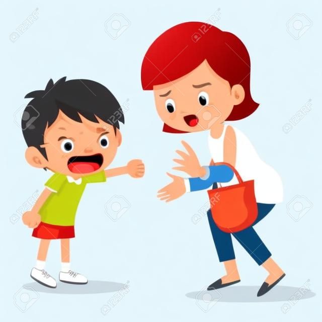 Menino irritado gritando com mother.Boy Gritando em sua mãe no fundo branco ilustração vetorial dos desenhos animados.