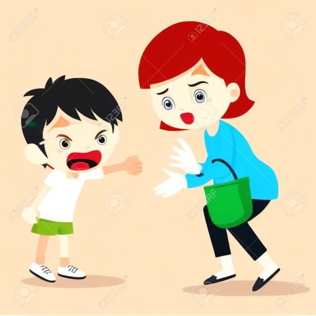 Menino irritado gritando com mother.Boy Gritando em sua mãe no fundo branco ilustração vetorial dos desenhos animados.