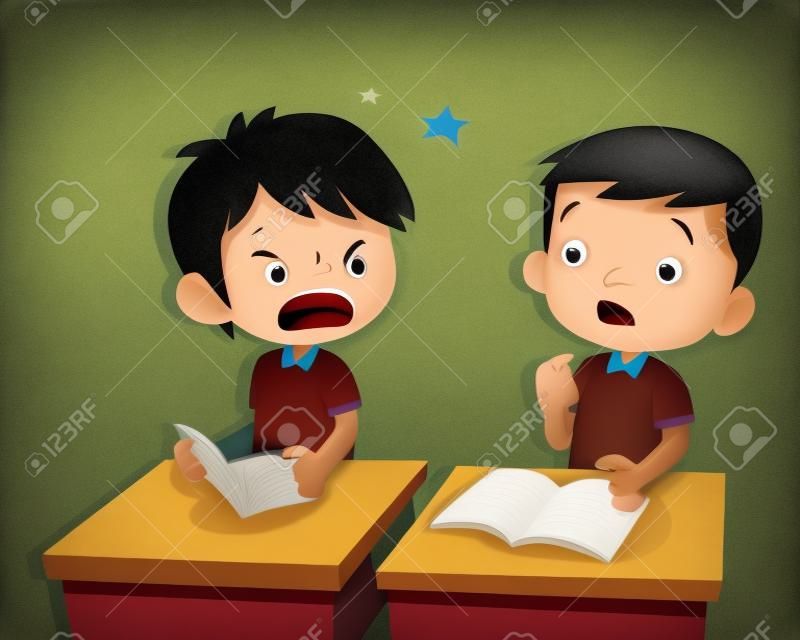 Quarreling kids. angry boy shouting at friend.Raging kids.children shouting to each other.pupils sit on desks