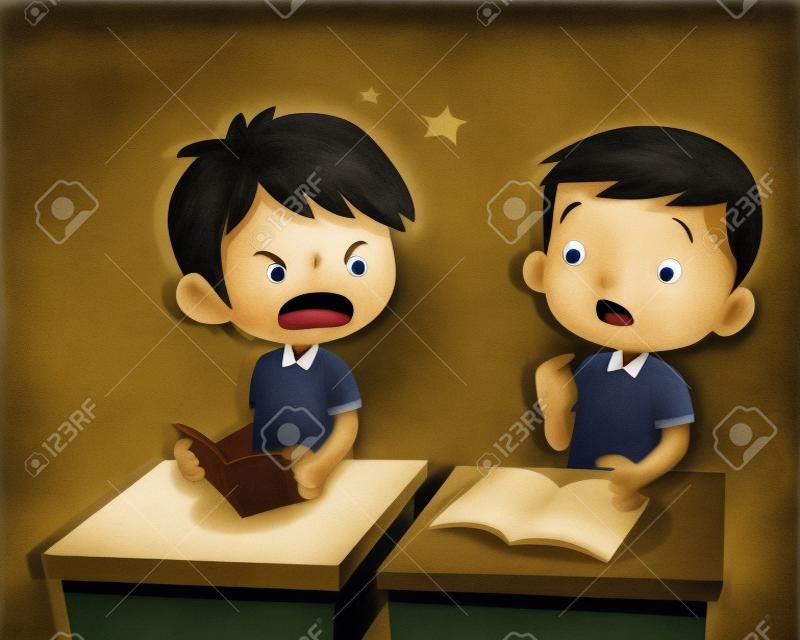 Quarreling kids. angry boy shouting at friend.Raging kids.children shouting to each other.pupils sit on desks