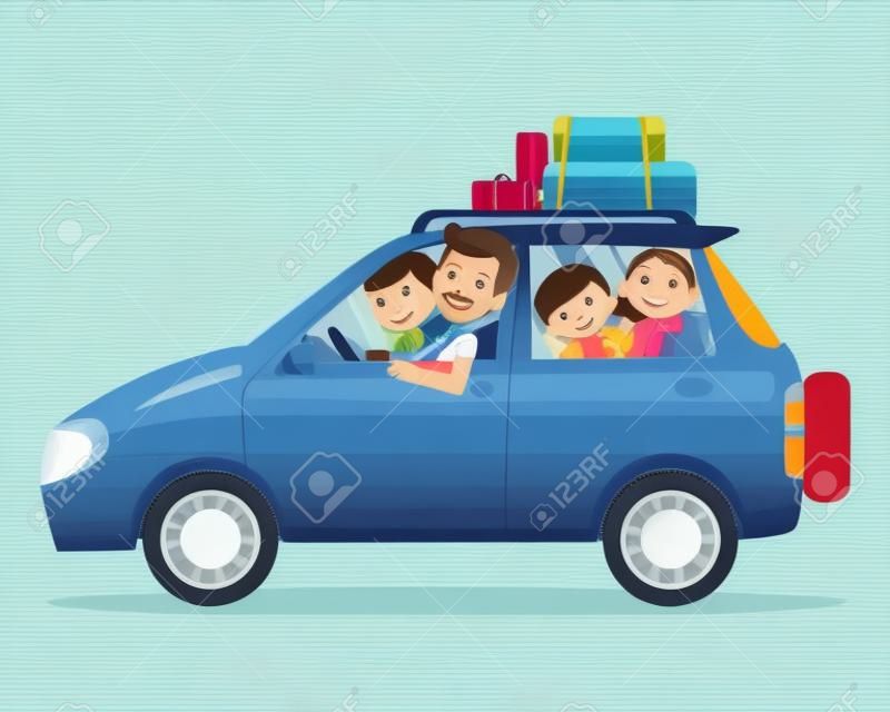 Reisende familie. Eine junge Familie mit Kindern geht auf eine Reise mit dem Auto. Die Leute stellen den Vater, die Mutter und die Kinder ein, die im Auto sitzen.