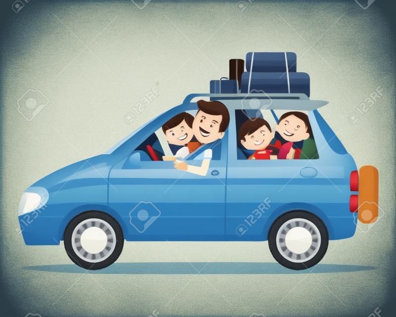 Reisende familie. Eine junge Familie mit Kindern geht auf eine Reise mit dem Auto. Die Leute stellen den Vater, die Mutter und die Kinder ein, die im Auto sitzen.