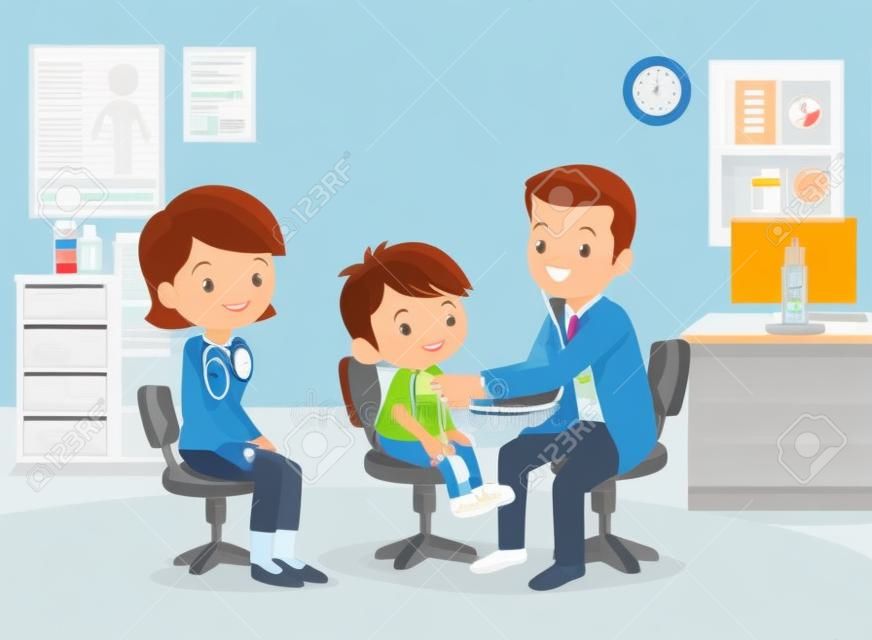 Mom and Boy to see Doctor sitting at the table in hospital, infirmary, clinic. Healthcare concept. Character professional physician on workplace illustration. Mother and her son with doctor.
