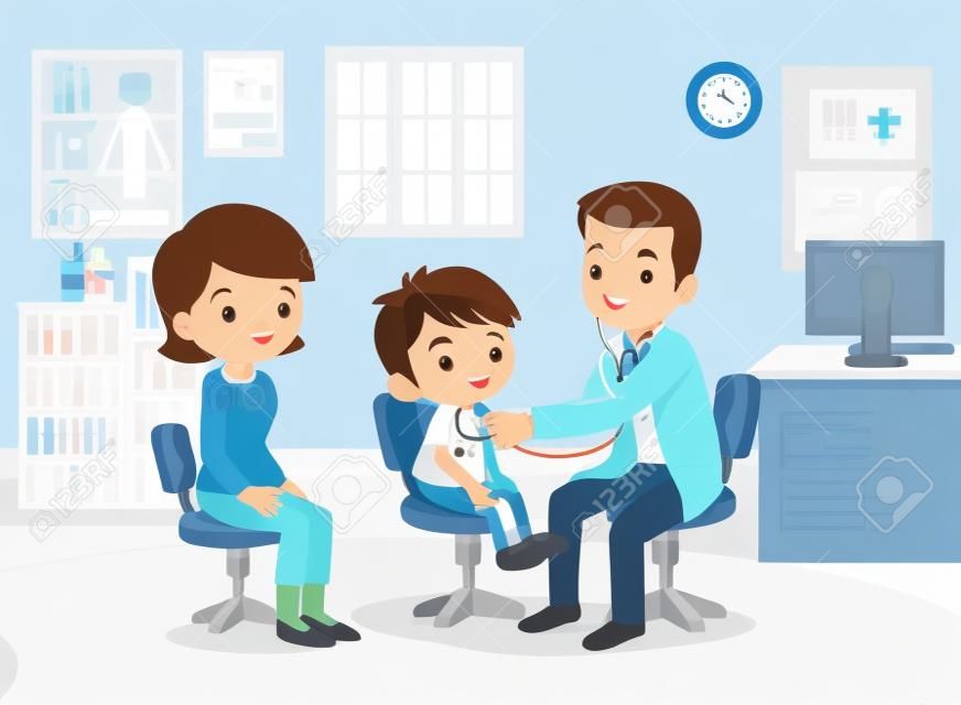 Mom and Boy to see Doctor sitting at the table in hospital, infirmary, clinic. Healthcare concept. Character professional physician on workplace illustration. Mother and her son with doctor.