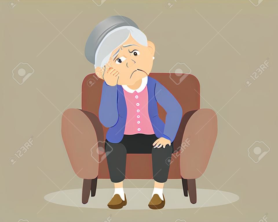 sad elderly woman Bored, Senior woman sitting alone on sofa