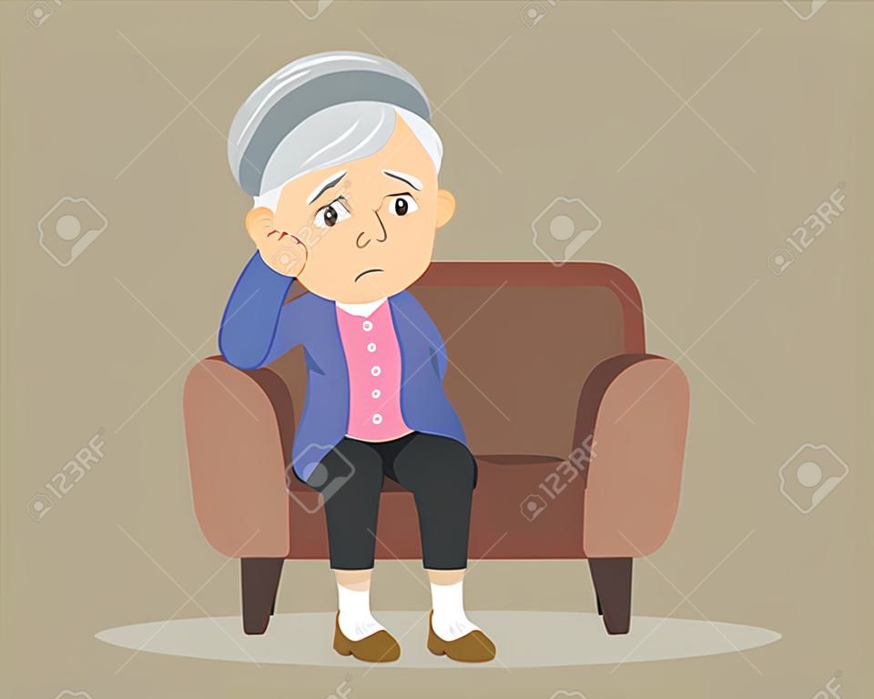 triste mulher idosa entediado, mulher sênior sentado sozinho no sofá