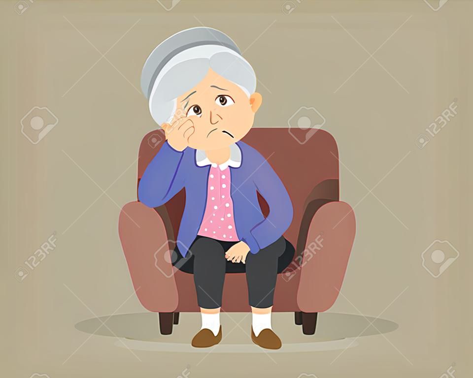 triste mulher idosa entediado, mulher sênior sentado sozinho no sofá