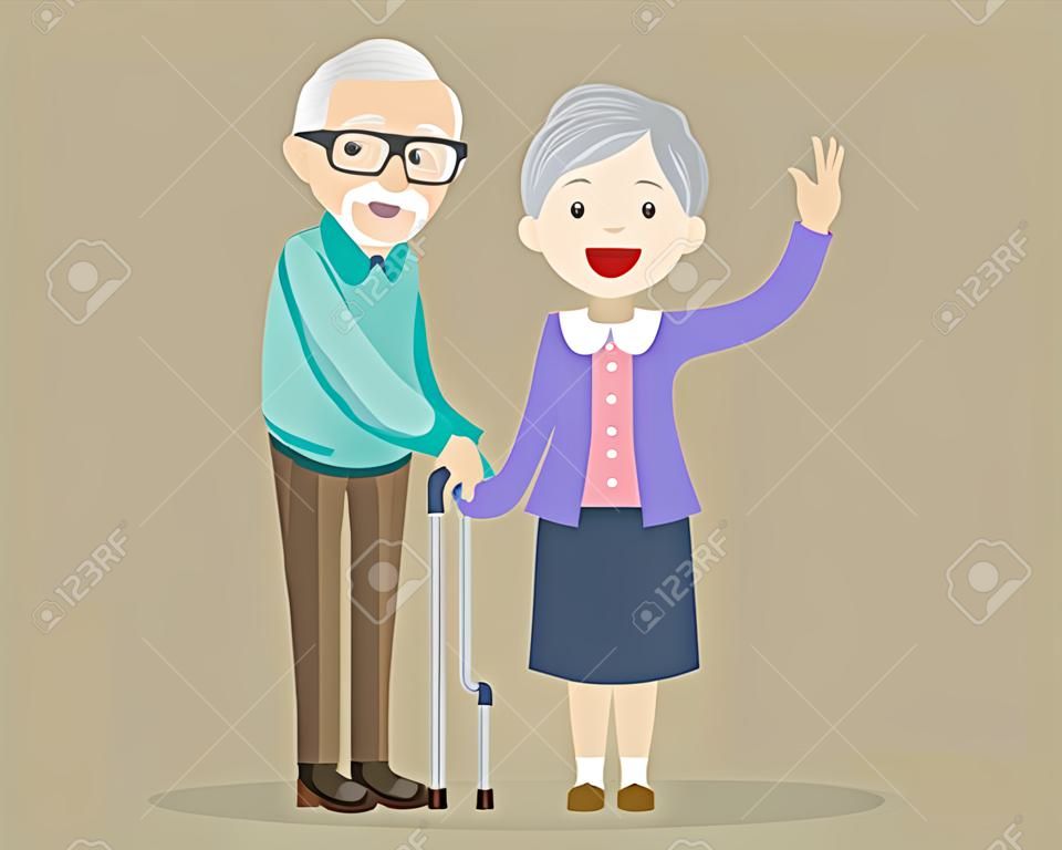 Grootmoeder en grootvader staan samen met stok